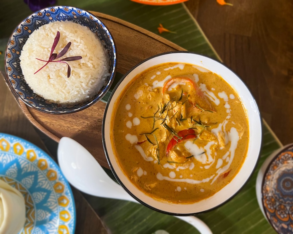 Panang curry with jasmine rice at Zaya Thai Pantry